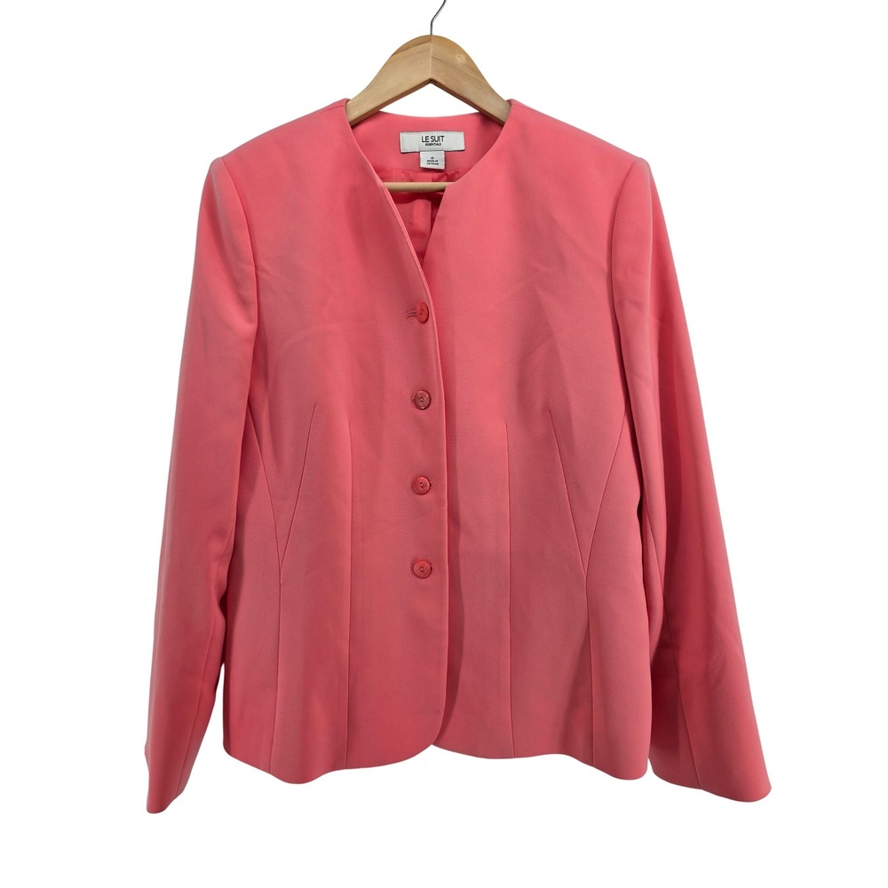 Le Suit Blazer Womens 12 Essentials Pink Collarless Bow Cuff EUC